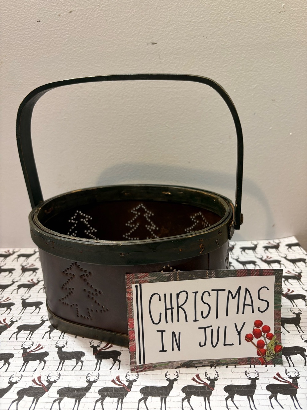 Rustic Metal Holiday Basket - Green & Brown